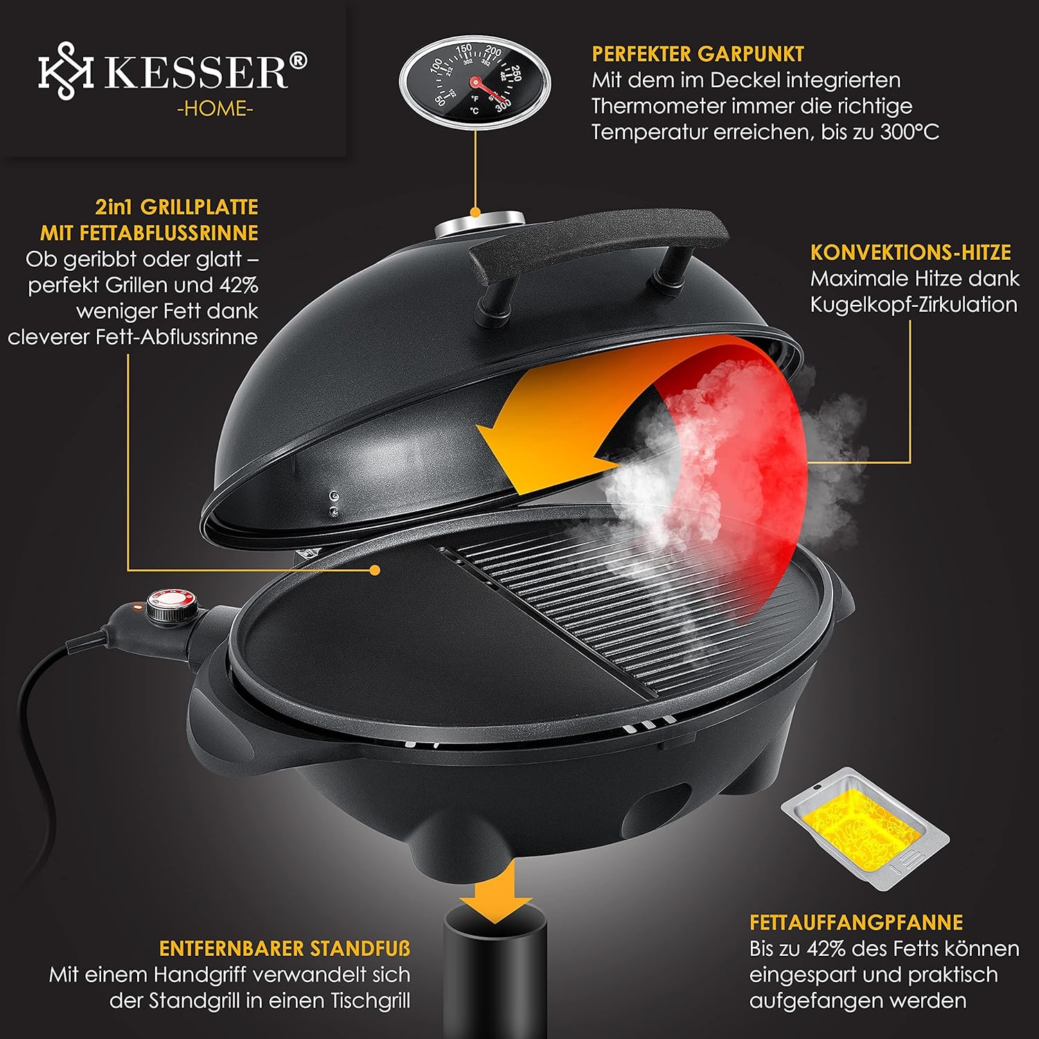 KESSER® elektrischer Elektrogrill 2in1 Tischgrill - Standgrill mit Deckel Standfuß | max. 2400 Watt Thermometer | Antihaftbeschichtung | XXL Grillplatte | integrierte Ablagefläche Elektro-Säulengrill
