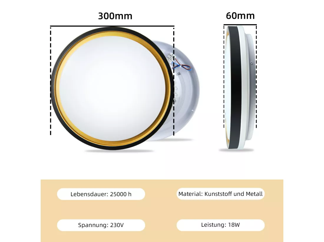 NETTLIFE Lampe plafond LED chambre, Ø30cm, réglable, 18W, télécommande, noir/or, design moderne