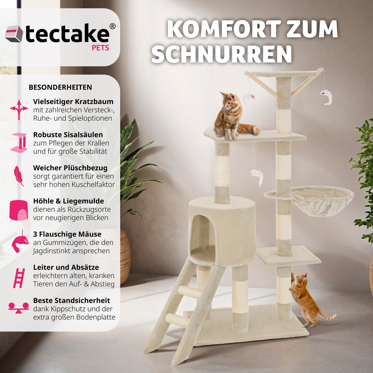 tectake Dominik krabpaal 144 cm inclusief trap, 3 speelgoedmuizen en kantelbeveiliging