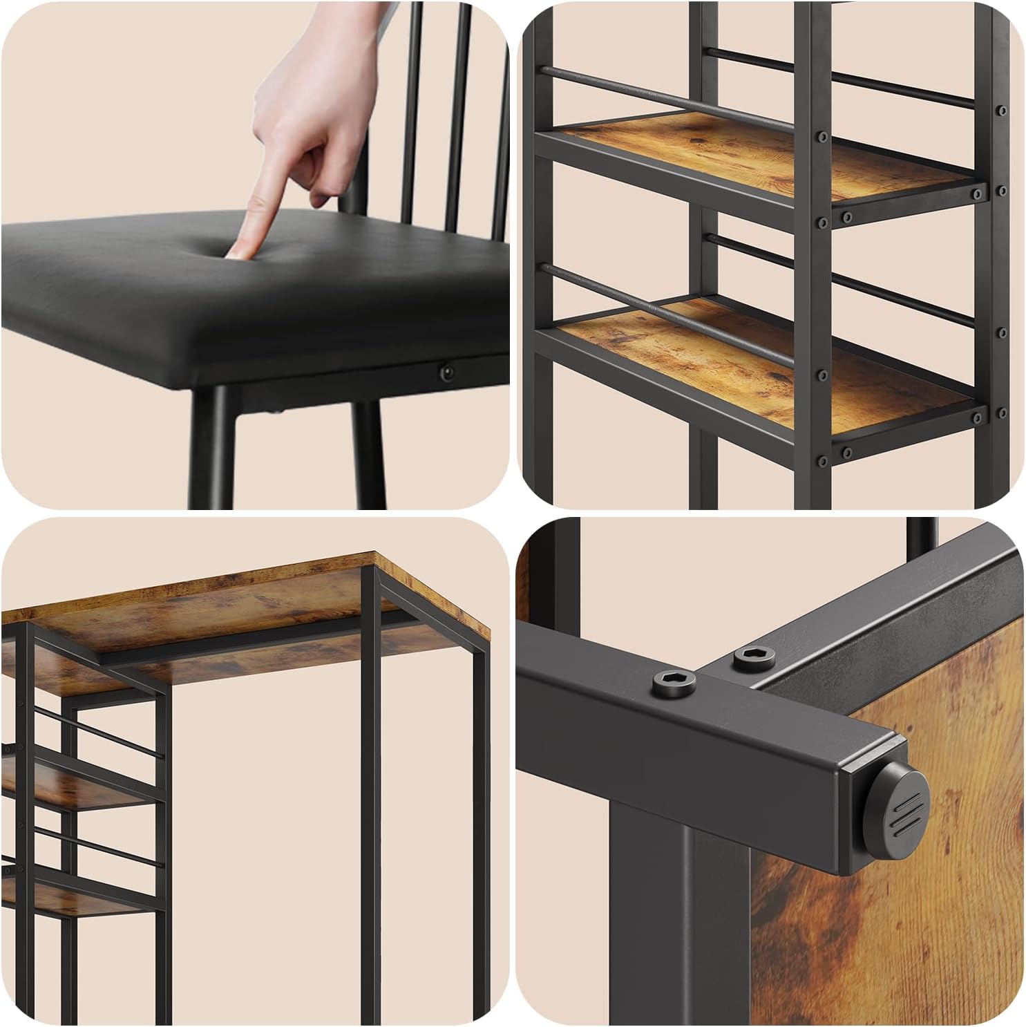 Xbro Bartisch Set 3-teilig, Küchentisch mit Stühlen für Küche, Esszimmer, Bistro, etc. Esstisch und 2 Stühle mit Rückenlehne und Polsterung(Braun)