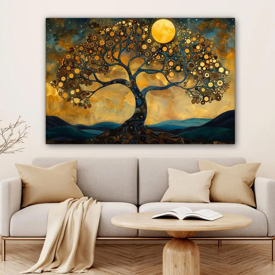 MuchoWow Canvas Schilderij 120x80cm Boom Maan Bloemen Goud
