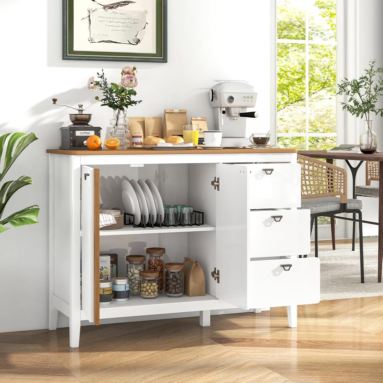 COSTWAY Küchenschrank mit 2 Türen & 3 Schubladen, Sideboard aus Holz, Buffetschrank freistehend mit verstellbaren Regalen, Aufbewahrungsschrank für Wohnzimmer, Esszimmer, 106 x 40 x 80 cm, Weiß