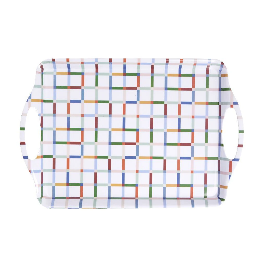 Plateau rectangulaire blanc motifs carreaux multicolores 34x50,5cm