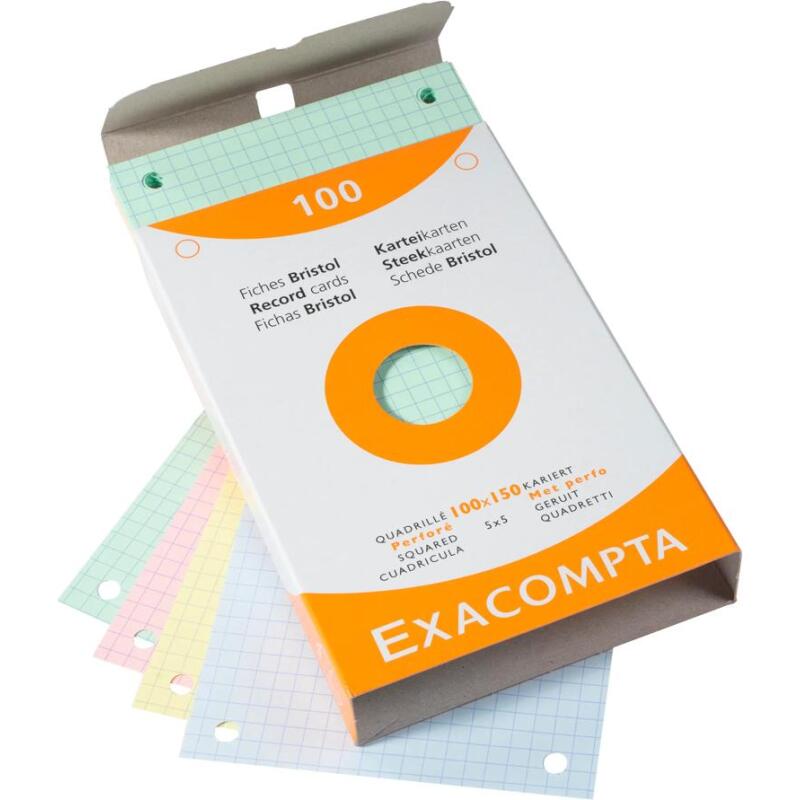 Étui de 100 fiches - bristol quadrillé 5x5 perforé 100x150mm - Couleurs assorties