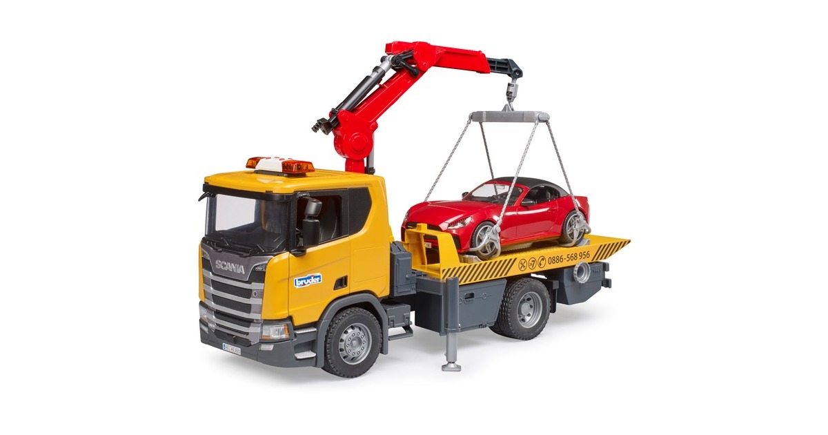 bruderScania Super 560R sleepwagen met kraan en licht en geluid + roadster sportauto Modelvoertuig  (03552)