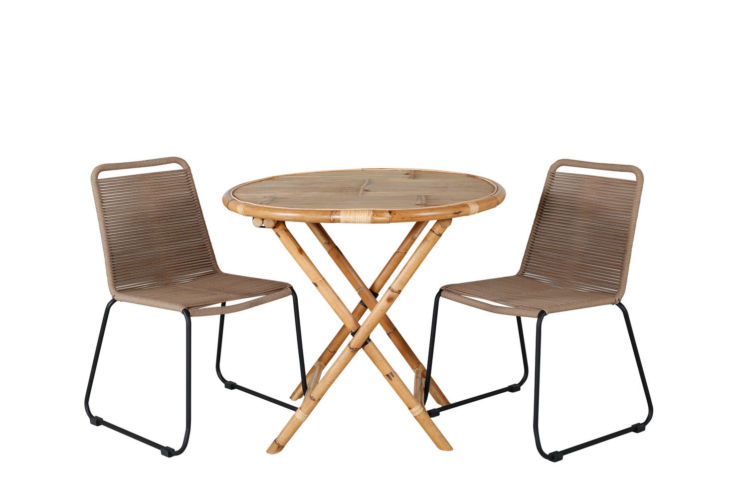 Tuinset van riet, tafel Ø80cm en 2 stoelen L Lindos, zwart, naturel. 80 x 80 x 80 cm