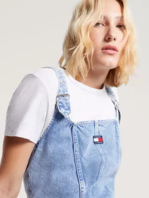 Vestido curto jeans com fivela e alças