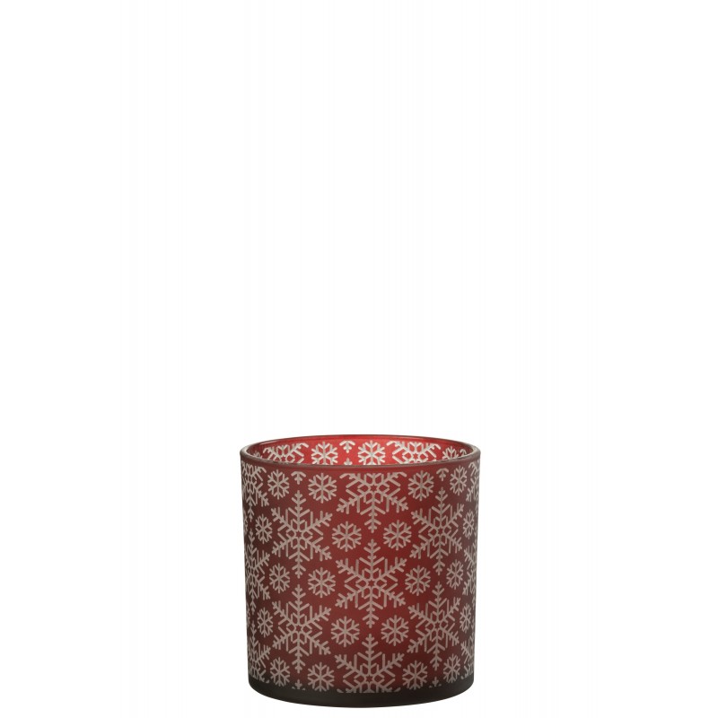 Photophore motif flocons en verre rouge 15x15x15cm