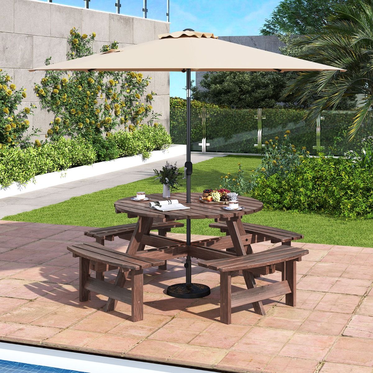 Ensemble Table de Pique-Nique en Bois pour 2 à 8 Personnes Set Table et Banc Circulaire avec 4 Bancs Intégrés Trou de Parasol de 5cm Marron/Jaune - Lidl-Manfred