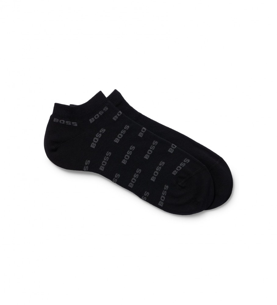 Pacote com 2 pares de meias BOSS com estampa total, pretas.