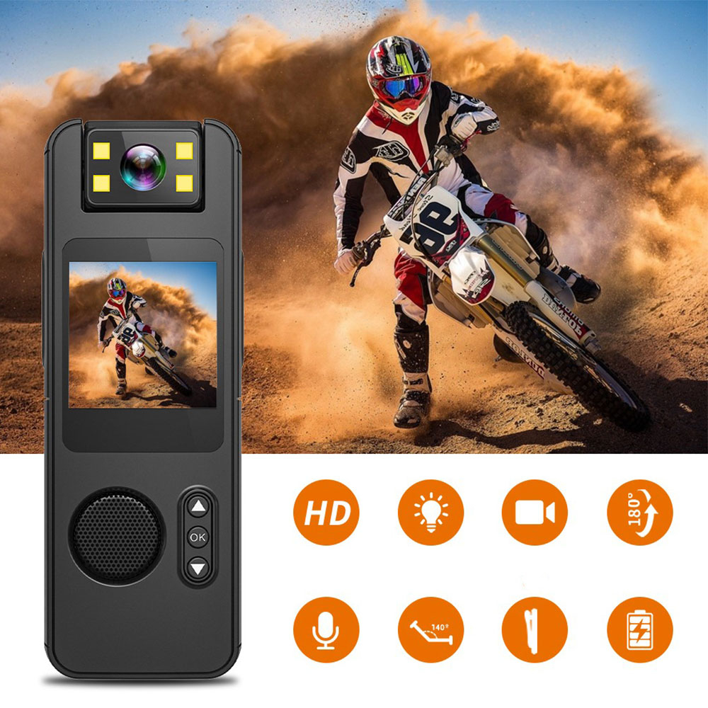 Mini 1080p Sport-Kamera Bodycam mit Sprachaufzeichnung / Taschenlicht / MicroSD Slot / 180° Blickwinkel und Clip-Halter - Schwarz