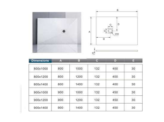 Aica receveur de douche Rectangulaire 140x80x3cm,Extra plat Blanc antidérapant,Receveur extra-plat à poser ou à encastrer,avec une grille en ABS