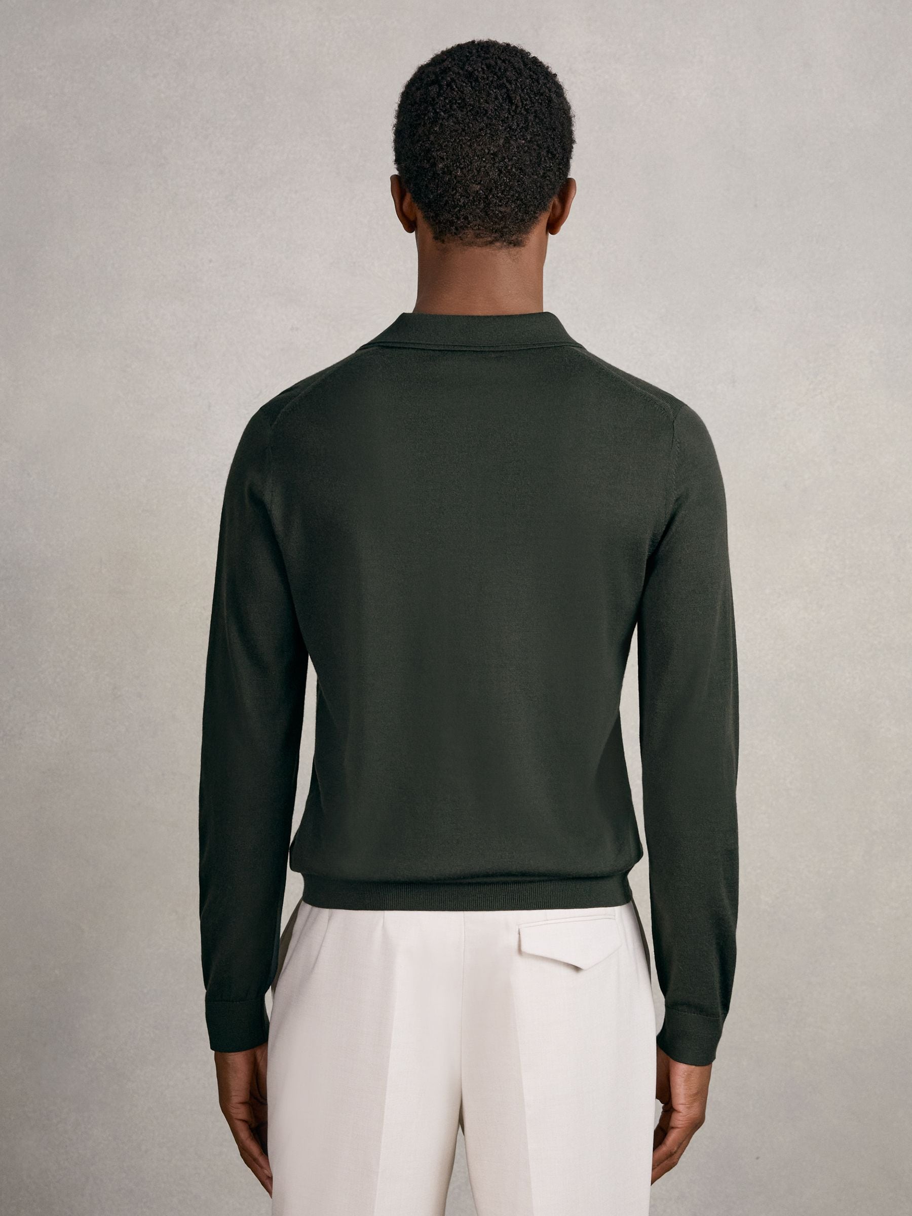 Donker legergroen - Reiss Trafford poloshirt met lange mouwen van merinowol