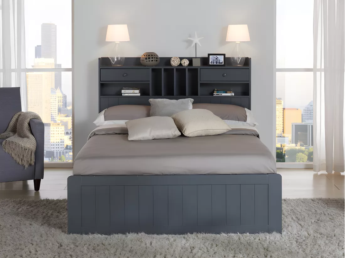 Lit avec rangements 140 x 190 cm - Pin - Gris anthracite + Sommier - MEDERICK