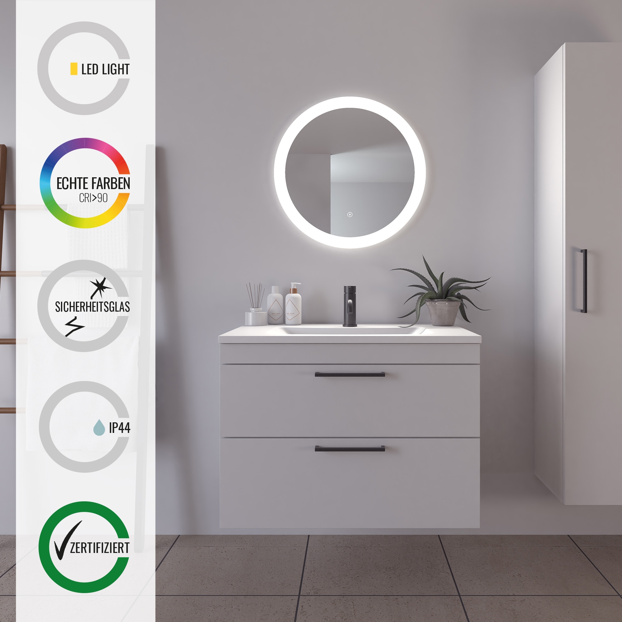 Loevschall Badspiegel »Vega Rund, Badzimmerspiegel mit LED Beleuchtung, Lichtspiegel« Touchpanel für Lichtsteuerung, Dimmbar Spiegel, Dänisches Design