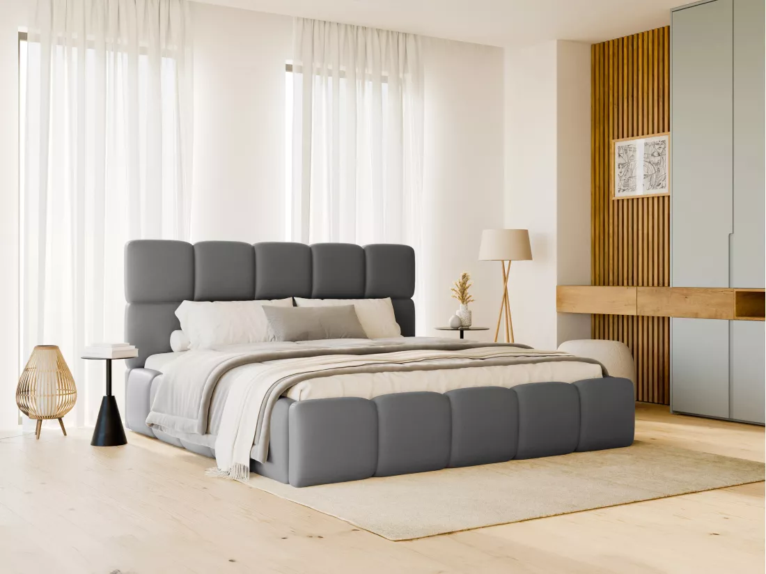 Lit coffre 180 x 200 cm - Tissu effet cuir - Gris + Matelas - DAMADO de Pascal Morabito