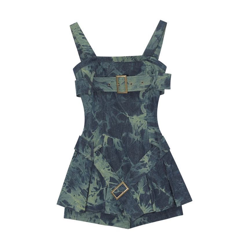 Warelmapo - Afneembare bandjes Tie Dye Washed Plooi Mini A-lijn Denim Jurk / Effen Bolero