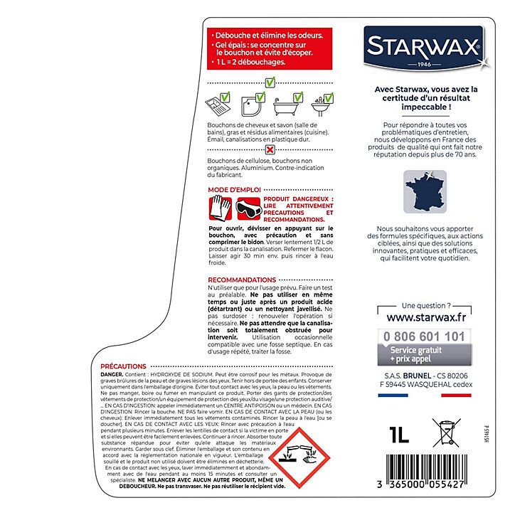 Déboucheur gel à la soude canalisations cuisine et salle de bains Starwax 1L