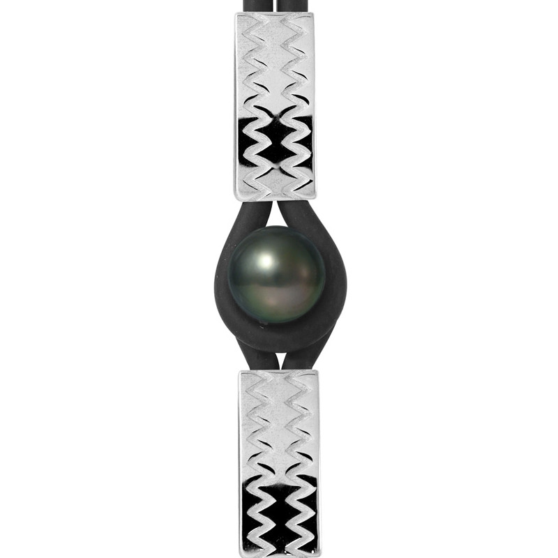 Bracelet Homme-Femme Vagues Néoprène Noir, Perle de Tahiti Noire de 10 mm et Argent Massif 925/1000