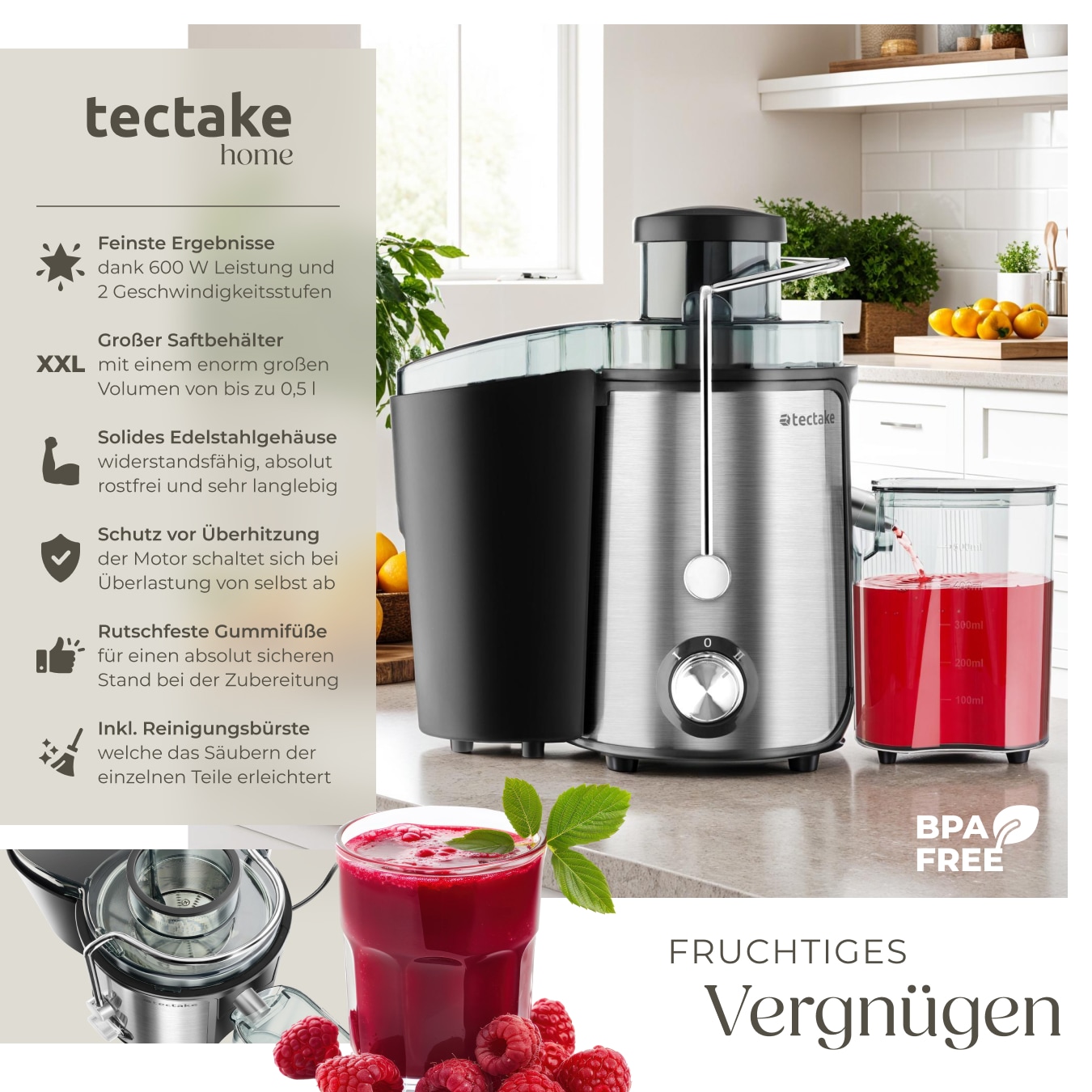 tectake® Entsafter, 600 W, 500 ml Fassungsvermögen, Edelstahlgehäuse, rutschfeste Gummifüße, 18 x 26 x 28,5, GS-Zertifikat