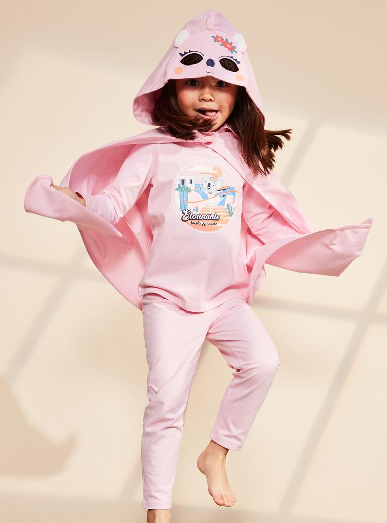 Pyjama deux pièces rose pâle en coton avec cape tête de koala