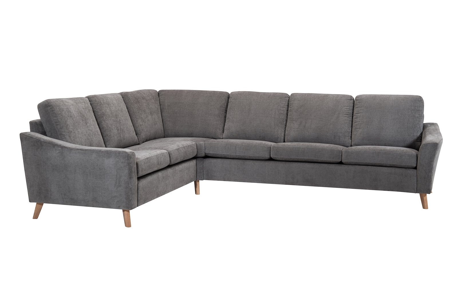 Lona sofa 23 hjørnesofa (232). I tekstil Meadow 3174 Dark Grey, 60 cm brede seter, arm 1 og 2M9M ben hvitoljet eik. SA rygg skum