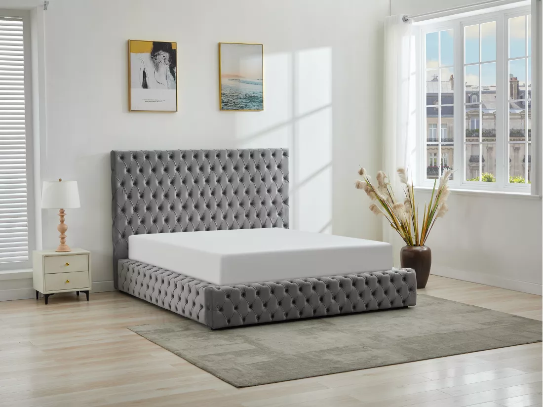 Lit coffre chesterfield 180 x 200 cm - Velours - Gris + Matelas - DULENI
