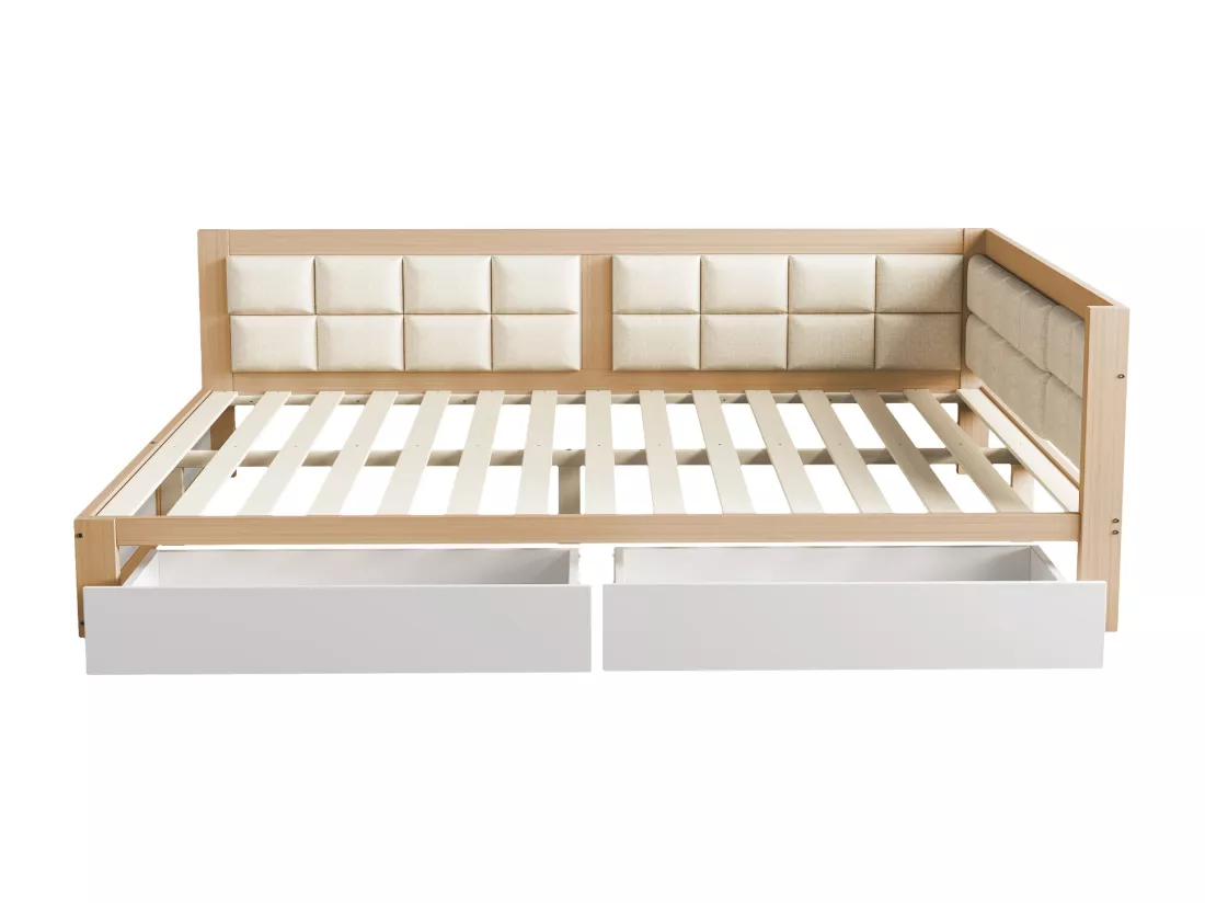Lit banquette rembourré 140x200cm - avec 2 tiroirs et sommier à lattes - Naturel & Blanc