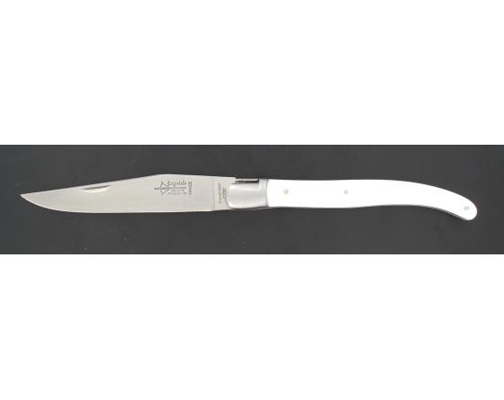 Laguiole 12 cm - Manche Blanc et Noir - Ressort guilloché - 1 mitre Couteau de Poche par l'Arbalète