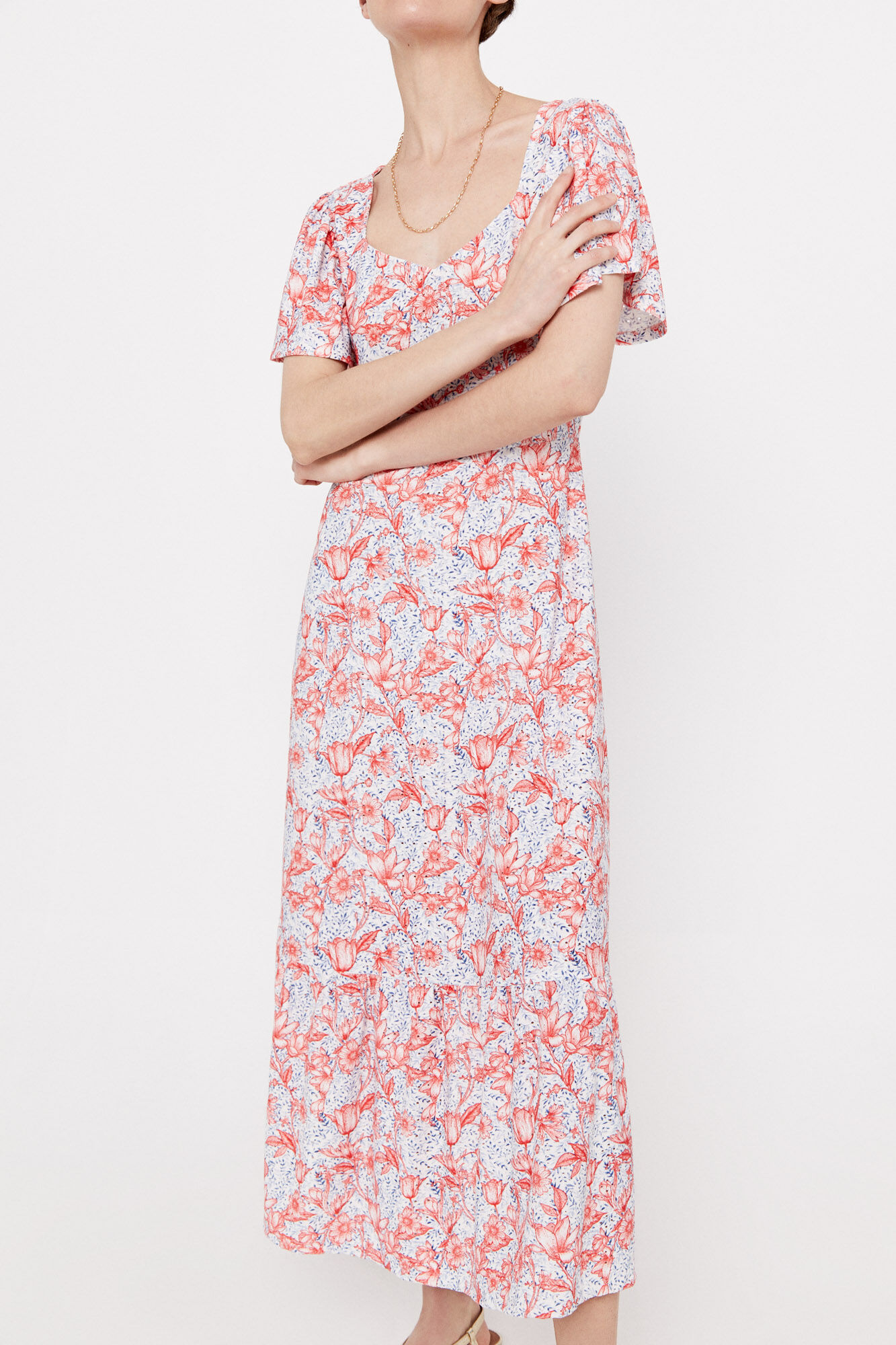 Vestido de malha vazada com babados - Multicolorido
