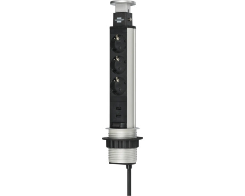 Brennenstuhl uitschuifbare 3-voudige stekkerdoos met USB-torenlader 3G1.5 zilver 2 m