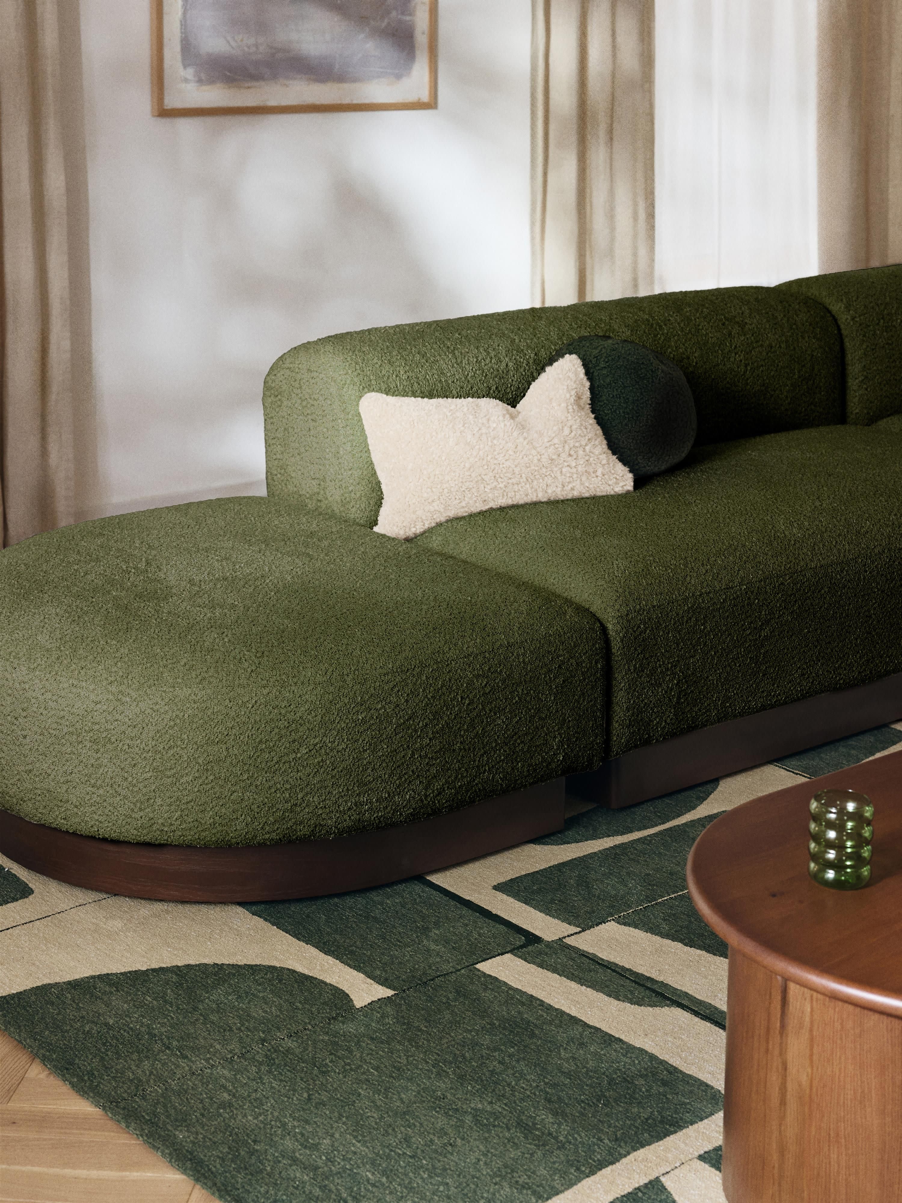Modulaire chaise longue Natalie uit teddy-bouclé met poef (links/rechts)