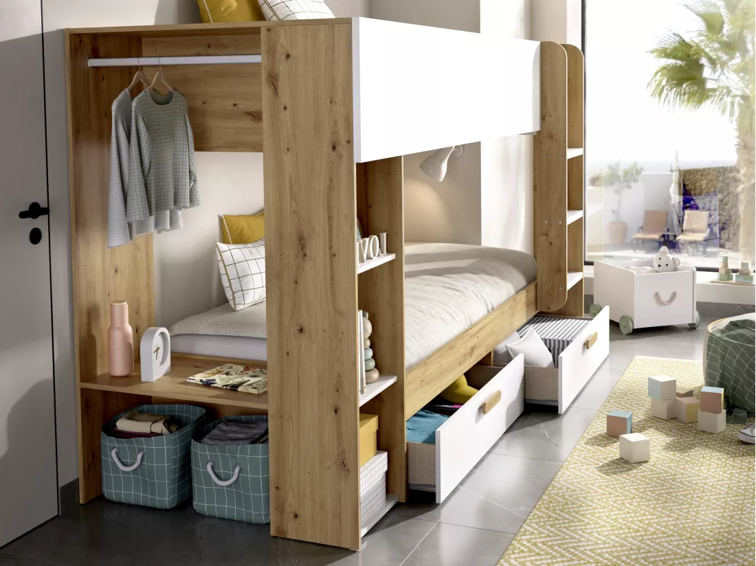 Lits superposés 2 x 90 x 200 cm avec rangements et penderie - Blanc et naturel + Matelas - OZANA
