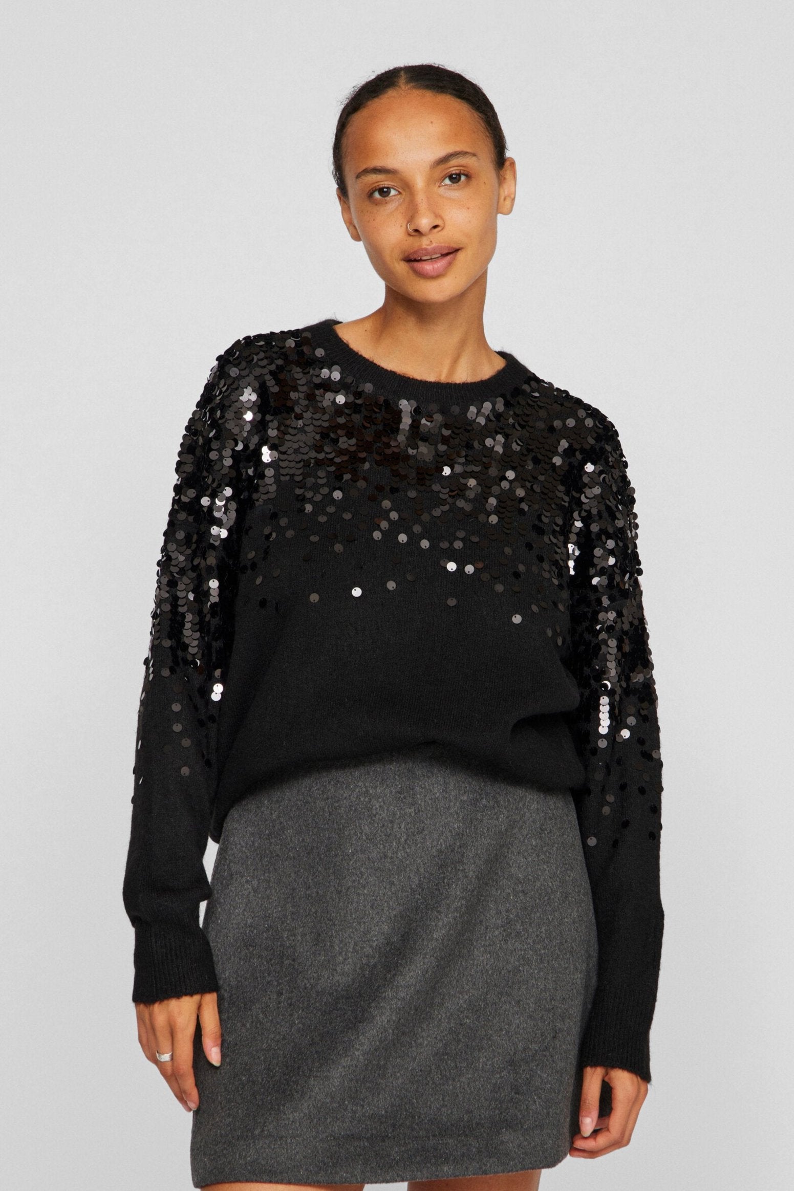 Vila  Visiquin o-neck sequin striktrøje - Black Beauty