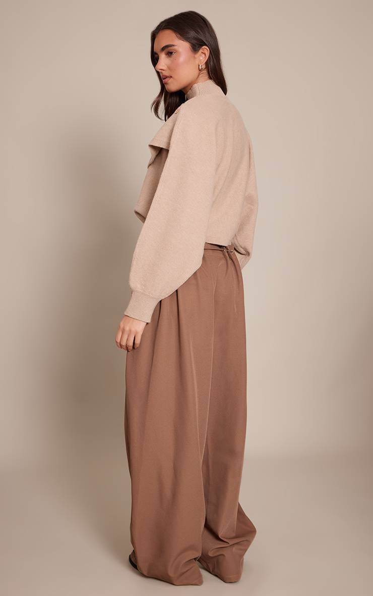 Light Brown Pantalon Large À Taille Œillets Et Plis