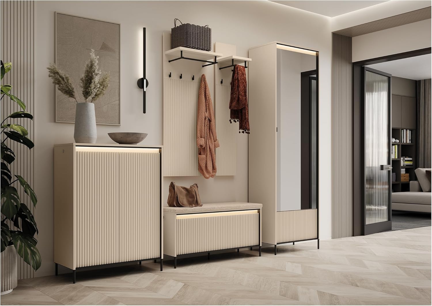 MEBLINI Garderobe Flur Möbel Set mit LED - Garderobenschrank Flur mit Spiegel - Garderobe Schrank - Flurgarderobe - Flurschrank hoch - Trend - Beige/Schwarz