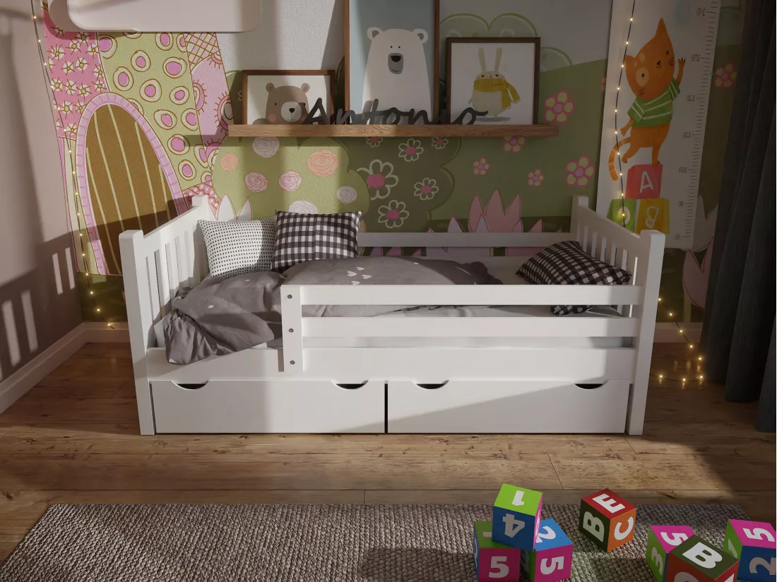 Tina 90x200 lit enfant en bois avec tiroirs, couleur blanc