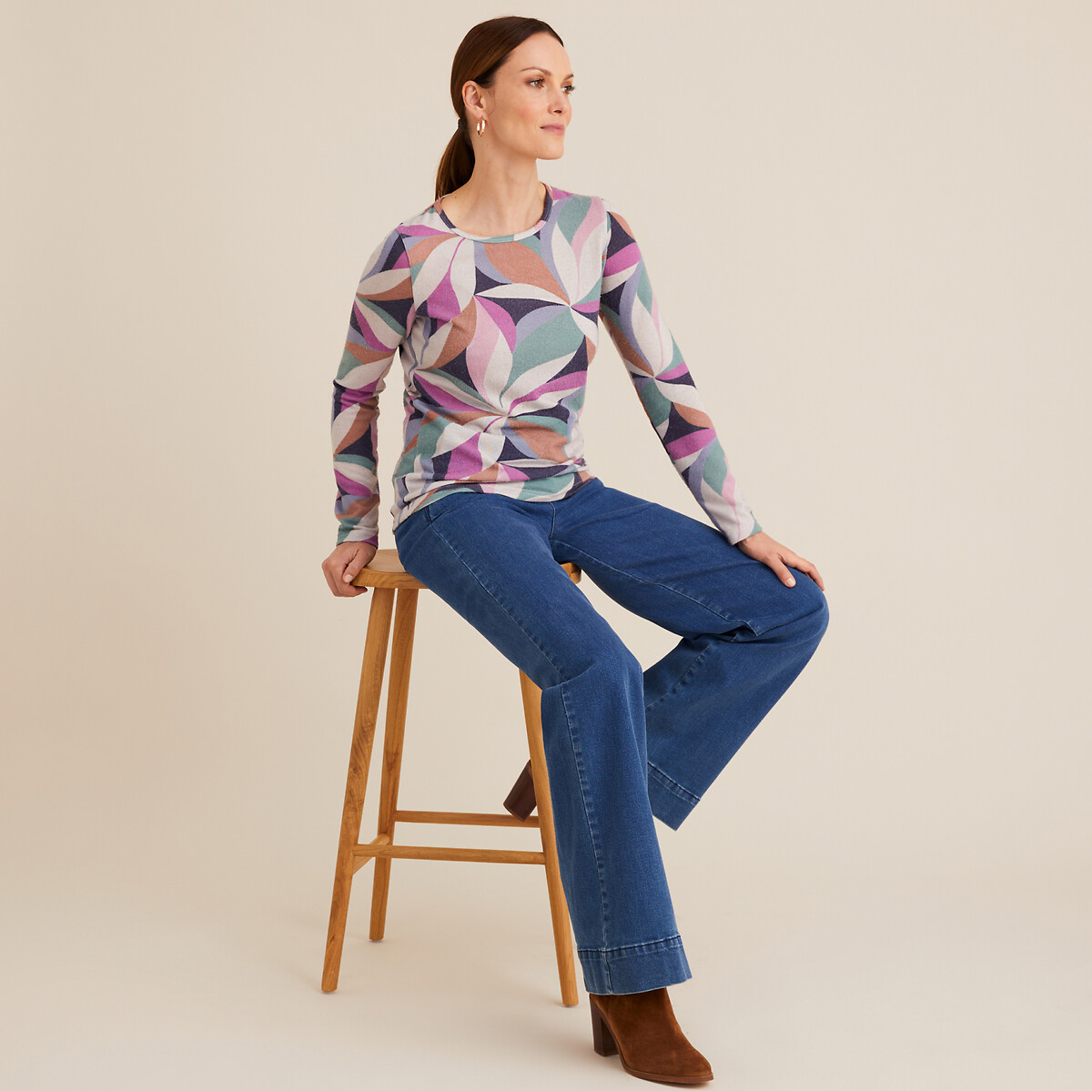 ANNE WEYBURN<br>Camiseta estampada, tecido escovado, efeito quente