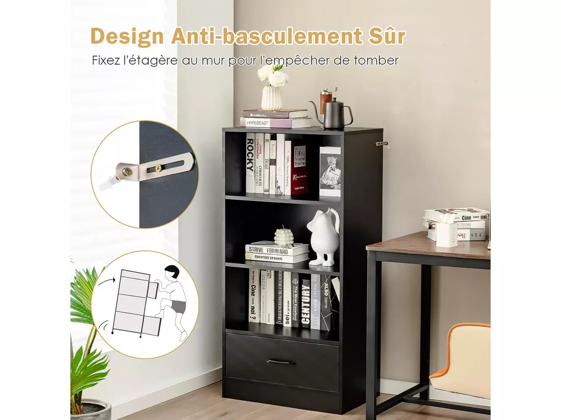 Bibliothèque étagère en bois à 4 niveaux avec grand tiroir, meuble de rangement sur pied dispositif anti