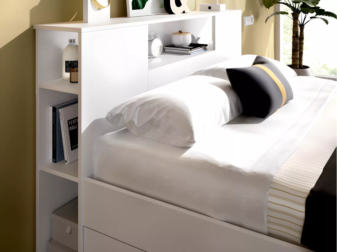 Lit avec tête de lit rangements et tiroirs - 140 x 190 cm - Coloris : Blanc + Sommier - LEANDRE