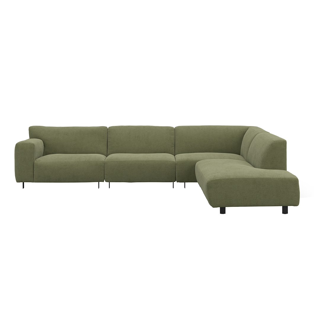 Vesta hjørnesofa 3-seter med åpen ende høyre, Big hjørnemodul, Tekstil Velvety Green, standardsøm, sort metallben 10 cm, Comfort CM