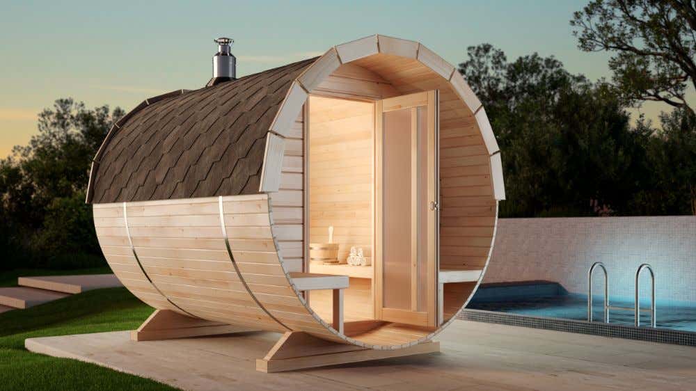 FinnTherm Carrie barrelsauna met 2 houten banken, wanddikte 42 mm, buitensauna met montagemateriaal, natuurlijke afwerking