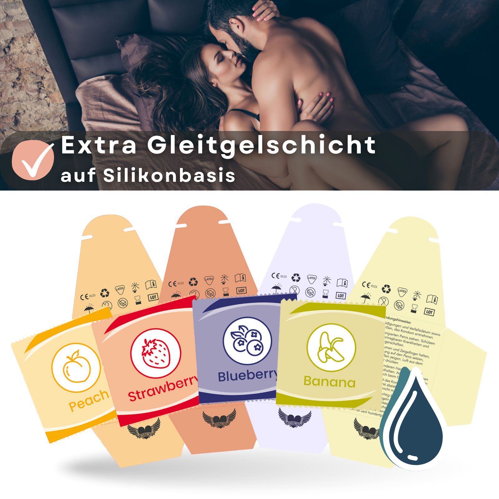 Lovelyness - Kondome mit Geschmack Erdbeere, Banane, Pfirsich, Blaubeere