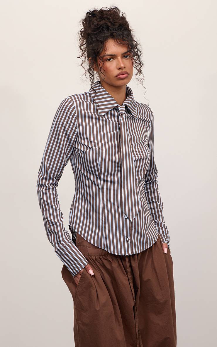 Bleu Chemise Cintrée À Rayures Avec Détail Nœud