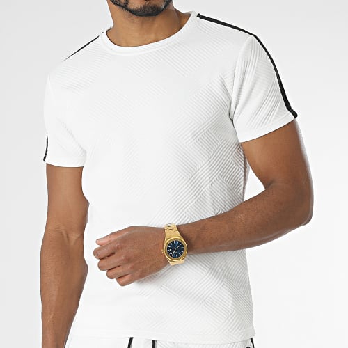 Ensemble Tee Shirt Et Short Jogging A Bandes E389 Blanc