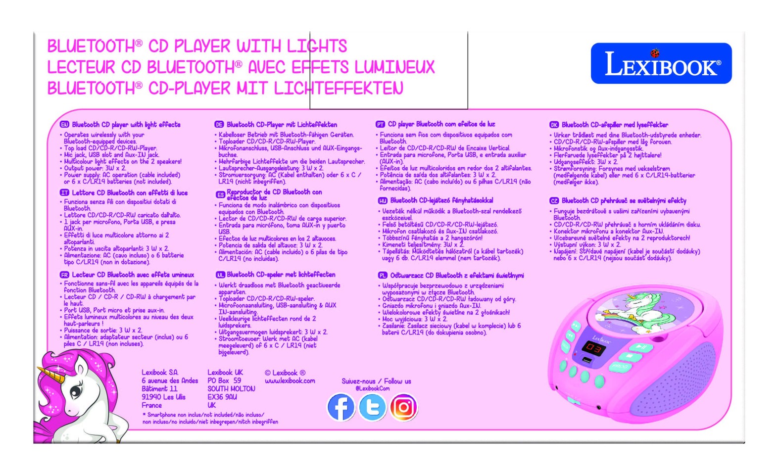 Lexibook - Unicorn Bluetooth bærbar cd-afspiller