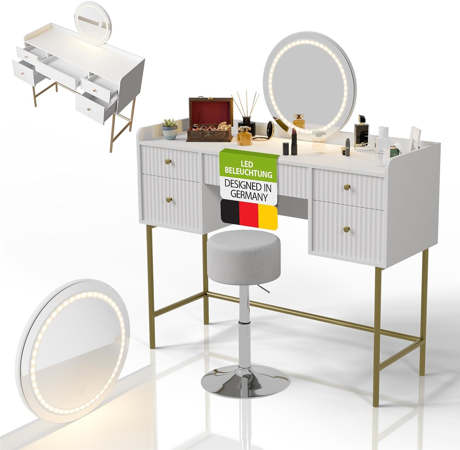 Juskys Schminktisch Samira mit Hocker Tonia & Touch-LED-Spiegel, 5 Schubladen, viel Stauraum, modernes Design, kompakt & pflegeleicht für Make-up – Weiß/Gold