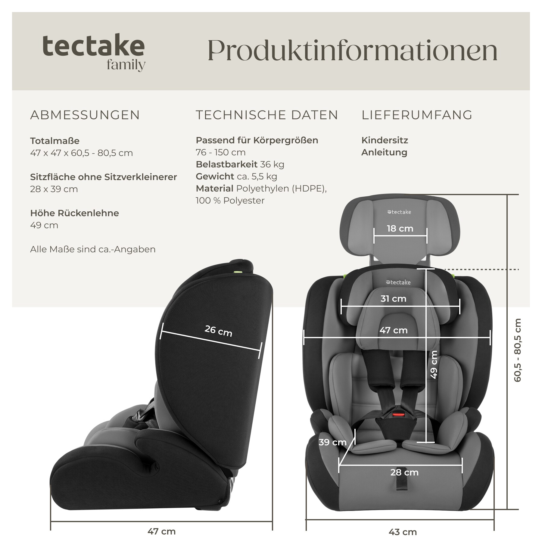tectake® Autositz, mit Seitenaufprallschutz, zugelassen nach ECE R129/03, längenverstellbarer 5-Punkt-Gurt, höhenverstellbare Kopfstütze, von 76 bis 150 cm, Belastbarkeit 36 kg