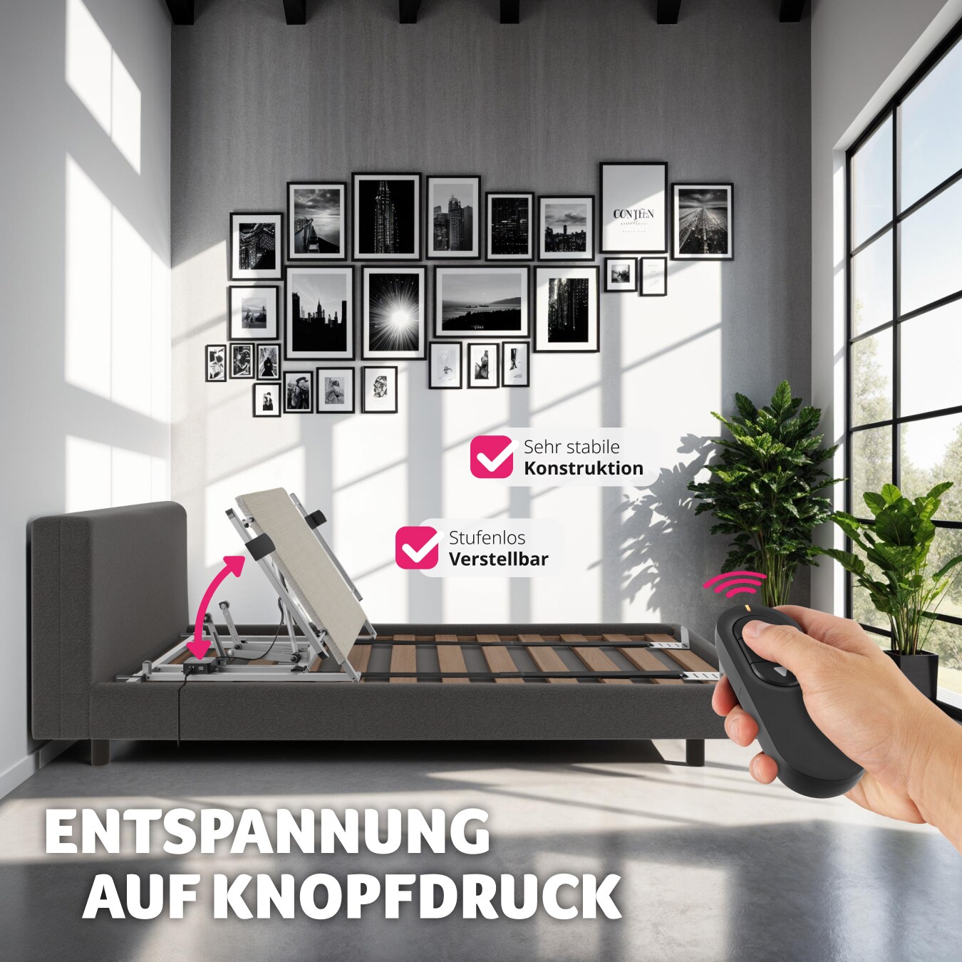 tectake® Elektrische Rückenlehne, stufenlos verstellbare Höhe, Breite und Länge, Belastbarkeit 90 kg, Polyesterbezug, 110 x 243 x 62 cm