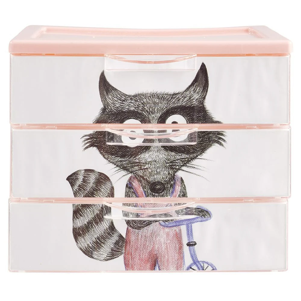 Boîte bloc 3 tiroirs plastique décor animal H15,5 cm